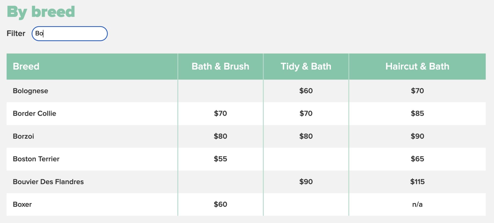 Filterable pricing table on website