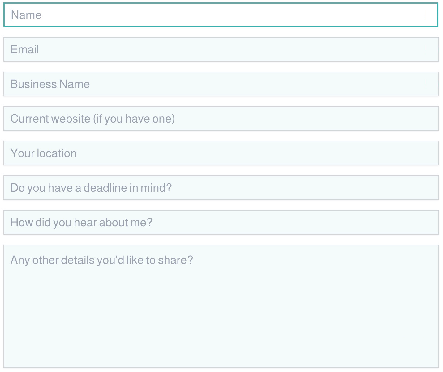 Janelle's lead gen form with input fields Name, Email, Business Name, current website URL, your location, deadline, how did you hear about me, and message field