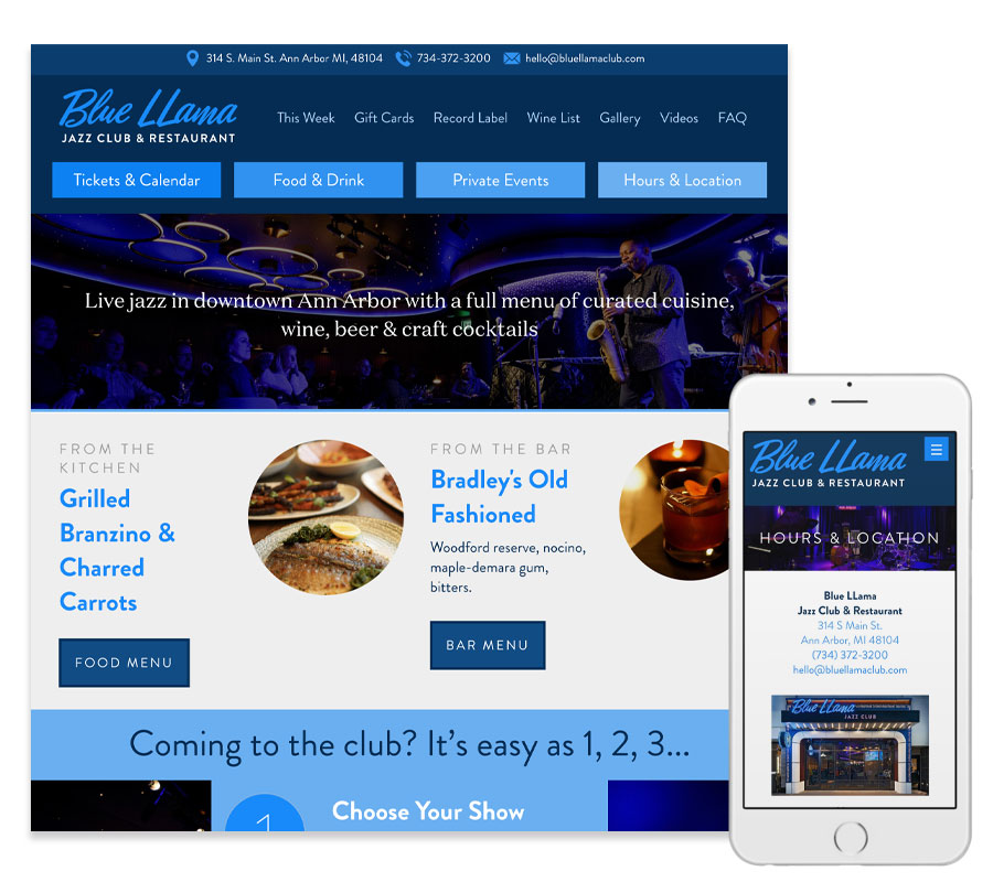 Website for Blue LLama, a jazz club on main st. in downtown Ann Arbor