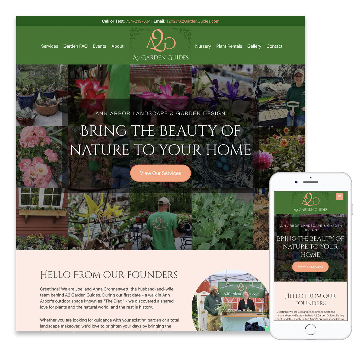 Website for A2 Garden Guides, an Ann Arbor gardening and landscaping business